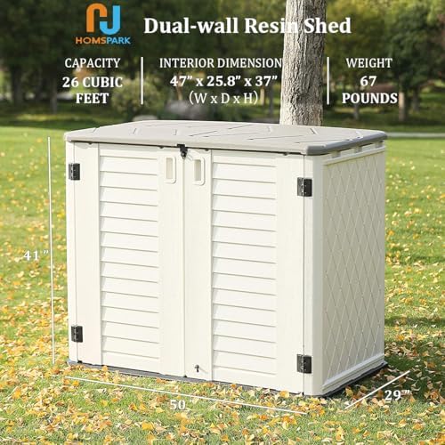 HOMSPARK Storage Shed Weather Resistance, Multi-Purpose Outdoor Storage Cabinet for Backyards and Patios, 26 Cu.ft Capacity Horizontal Storage Shed for Bike, Lawnmower, Trash Cans, Patio Accessories