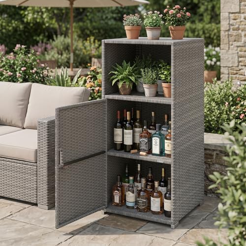Tangkula Rattan Outdoor Storage Cabinet with 3 Storage Shelves