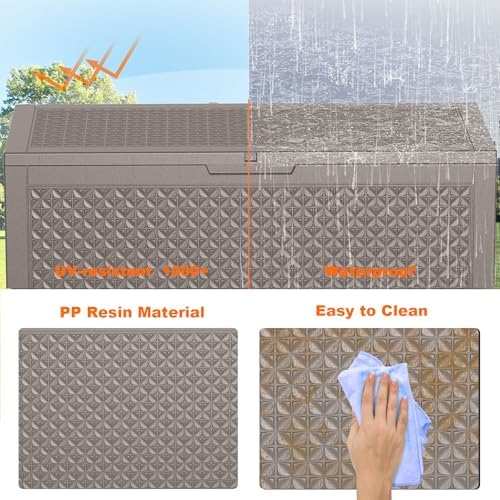 110 Gallon Outdoor Storage Box Waterproof, Resin Lockable Deck Box with Lid, Large Capacity Weatherproof Container for Patio Furniture, Side Table and Cushions(Grey, 110 Gallon)