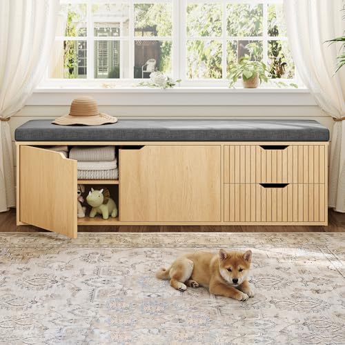 59" Storage Bench with Drawer, 2-Tier Shoe Bench with Storage, Long Entryway Bench, Thickened Cushion, Adjustable Shelf, Fluted Design for Entryway, Bedroom, Living Room, Natural