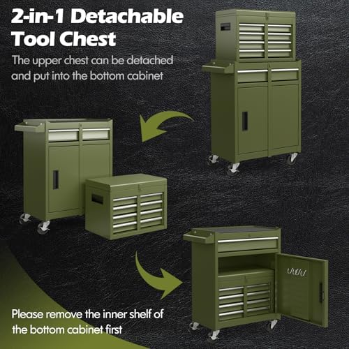 DREAMADE 5-Drawer Tool Chest Combo, Rolling Tool Cabinet w/Detachable Top Tool Box, Adjustable Shelves, Lockable Wheels, Metal Tool Box for Garage, Workshop, Repair Shop Storage (Olive Green)