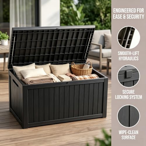 MAKINO 198 Gallon Large Resin Outdoor Storage Box, Waterproof Deck Box, Lockable Deck Container with Reinforced Support, Outdoor Chest for Patio Accessories, Outdoor Cushions, Garden Tools, Black