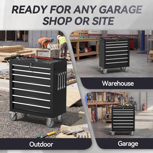 7-Drawer Rolling Tool Chest with Wheels, Metal Tool Storage Cabinet with Lock&Keys and Swivel, Toolbox with drawers, Tool Box for Warehouse,Garage, Repair Shop, Workshop (Black, 7-Drawer)