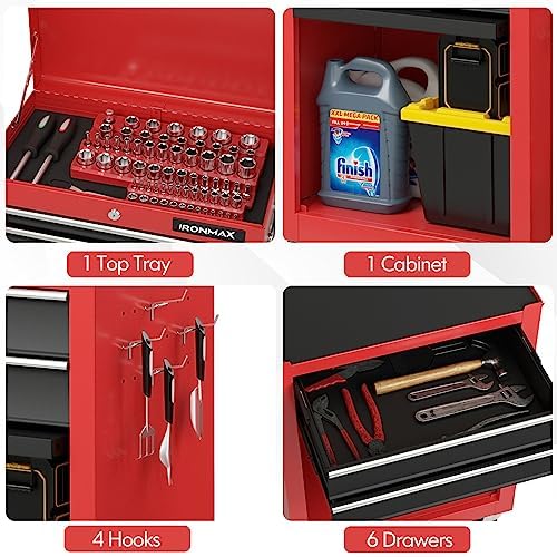 IRONMAX Tool Cabinet on Wheels, 6-Drawer Lockable Rolling Tool Chest, Red