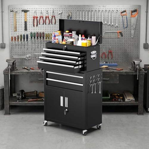 Greenvelly 8 Drawers Rolling Tool Chest, Detachable Top Tool Box with Wheels & Side Hooks, Lockable Metal Tool Cabinet with Liners and Tray Divider for Garage, Warehouse, Workshop, Black