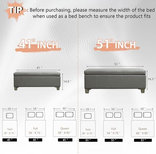 51 Inch Storage Ottoman, Storage Bench with Safety Hinge, Upholstered Synthetic Leather Ottoman Bench for Bedroom, Living Room, Entryway, Hallway, Foot Rest, Support 500lbs