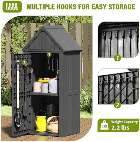 Outdoor Storage Shed, Waterproof Storage Cabinet with Ample Space, Sturdy Resin with Lockable Door and Sloping Roof, Multiple Hooks for Backyard, Garden, Patio & Lawn, Black