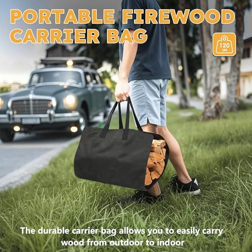 30 Inch Firewood Rack Outdoor Indoor with Handle and Log Carrier Bag, Stable Metal Wood Rack Heavy Duty Log Holder for Fireplace Patio Deck, Rustproof Firewood Storage Organizer Tool, Black, Square