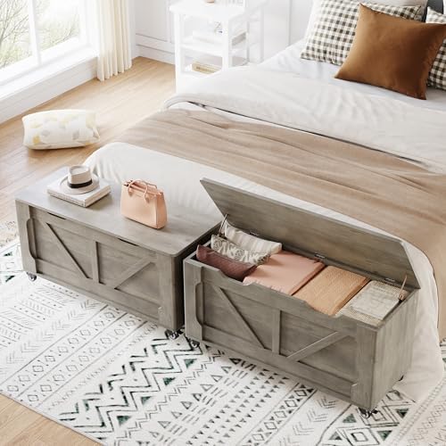 GarveeHome Storage Chest, 39.4" Wooden Storage Bench with 4 Wheels (Gray)