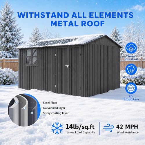 10x12 FT Outdoor Storage Shed, Large Metal Garden Shed with Window & Hinged Door, Upgraded Outside Tool Shed with Foldable Worktable & 2 Shelves, Waterproof Storage Building for Backyard, Gray