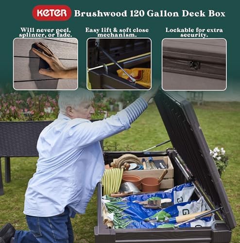 Keter Brushwood Outdoor Storage Deck Box,120 Gallon, Brown
