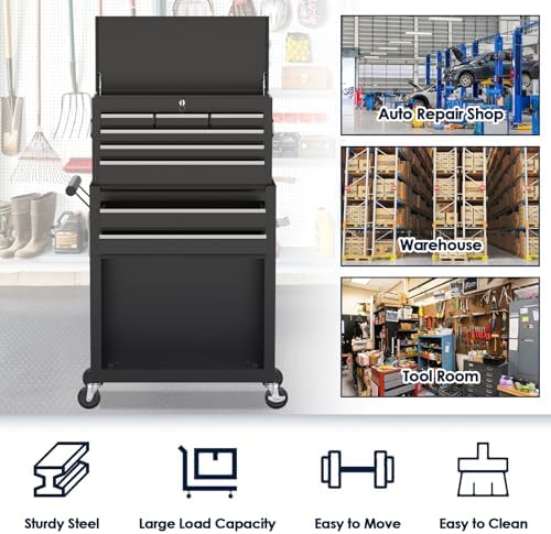 8-Drawer Rolling Tool Chest, High Capacity Removable Tool Storage Cabinet, Detachable Toolbox with Lock for Garage Warehouse and Tool Room (Black)