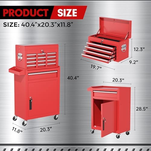 INTERGREAT Tool Chest, 5 Drawers Rolling Tool Chest with Detachable Top Tool Box, Tool Chests with Universal Lockable Wheels, Metal Tool Cart for Garage, Workshop, Barbershop, Red