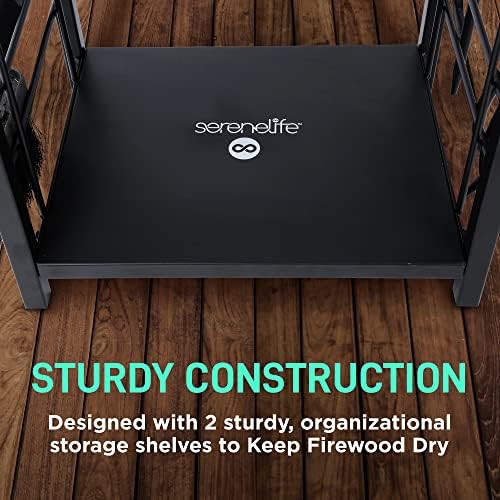 SereneLife Heavy Duty Firewood Rack Holder, Metal Log Storage Organizer with Shelves & Fireplace Tools, Black Powder Coated Wood Stacker for Indoor Fireplace, Outdoor Patio, Deck, Backyard