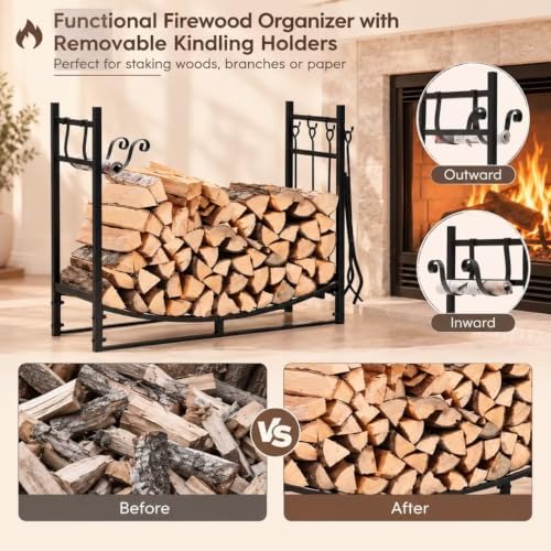 Tangkula 36'' Firewood Log Rack with 4 Tools Set for Indoor & Outdoor