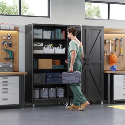 Letaya Metal Garage Storage Cabinet with Wheels,71" Black Tool Steel Locker