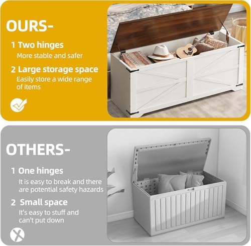 DWVO Storage Bench 47.2", Hidden Storage, Slow-Close Hinges, White/Walnut