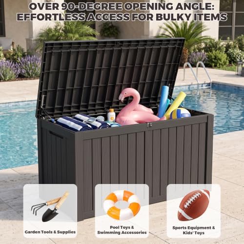 Outdoor Storage Box, 180 Gallon Waterproof Deck Box [Upgraded 3.1], Large Resin Storage with Hydraulic Gas Lifts for Cushions, Lawn Mower Tools Chest Bench, Large Backyard, Black