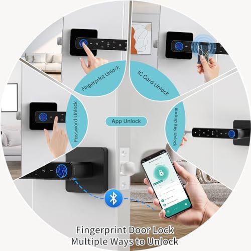 Fingerprint Door Lock-Smart Door knob, Biometric Door Lock, with App/Code/Backup Key/Fingerprint/IC Card, Keyless Entry Lock with Handle for Home Hotel Office Apartment Bedroom