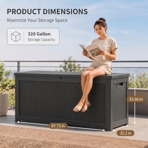 350 Gallon Extra Large Outdoor Storage Box，Resin Waterproof Deck Box，Black