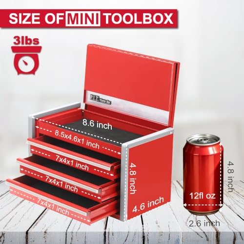 P.I.T. Mini Tool Box,3 Drawers Small Metal Toolbox for Tools Storage,Red