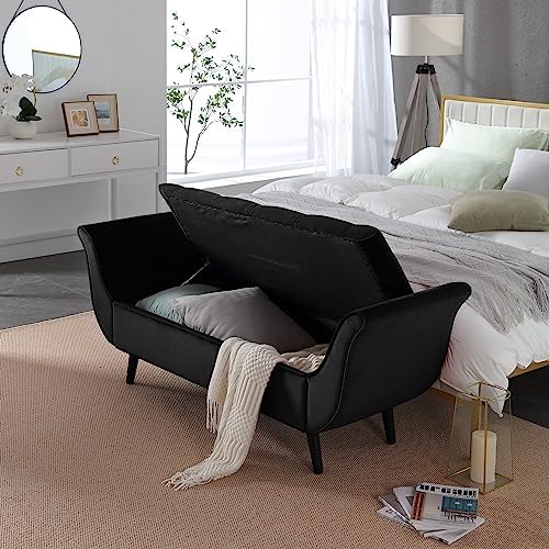 Velvet Storage Bench 65" Tufted End of Bed Ottoman with 2 Pillows (Black)