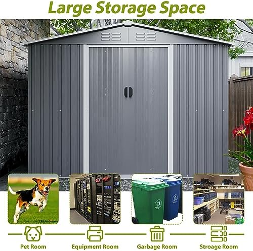 YOPTO 8X6 FT Outdoor Storage Shed with Roof,Waterproof House Tool Cabinet W/Metal Foundation & Lockable Doors,for Shovels,Umbrellas,Antennas,Escalators,Gray