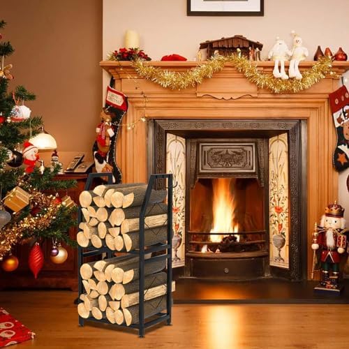 VyGrow Firewood Rack for Indoor, 2-Tier Firewood Holder with 3 Hanging Hooks, Heavy Duty Wood Rack for Outdoor Patio, Black