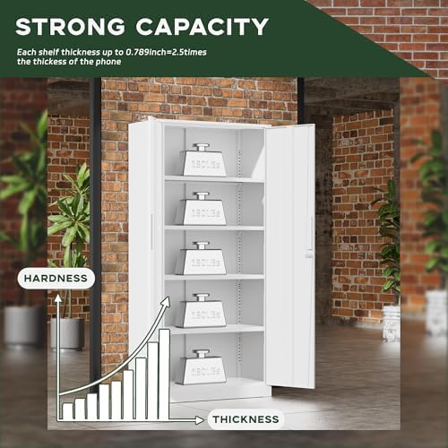 Greenvelly White Metal Storage Cabinet for Garage, 72” Steel Locking Cabinet with Doors and 4 Shelves, Tall Tool Cabinets for Garage Storage Systems Lockable File Cabinet for Home Office, Classroom