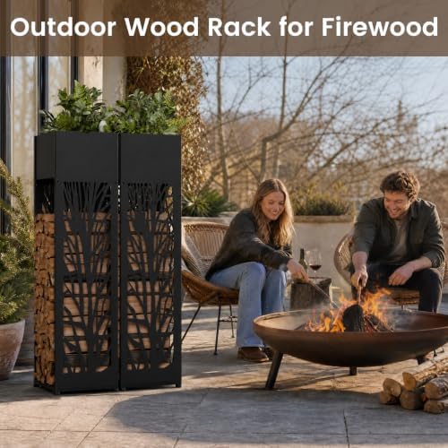 12" Firewood Rack Outdoor with Planter & Reinforced Bottom, Black