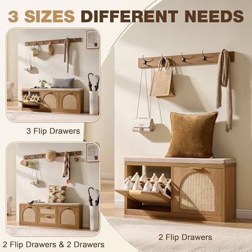 Rattan Narrow Entryway Bench with Shoe Storage, 2 Flip Drawers & Coat Rack, Mid-Century Modern Wood Shoe Cabinet with Seat Cushion for Foyer/Hallway (Rustic Oak Rattan)