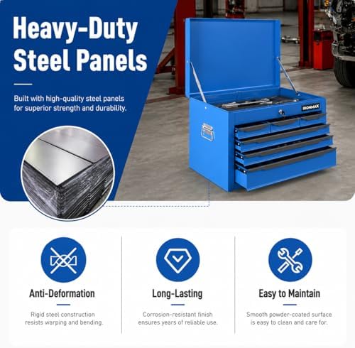 ARNOT Large Metal Tool Box, Tool Box with 6 Drawers & Top Tray, Heavy-Duty Steel Tool Chest with Auto-Locking Drawers and Side Handles for Garage & Workbench (Blue)