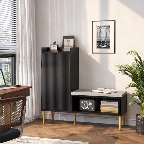 Storage Bench with Fluted Door&Shelf, L-Shaped Entryway Bench