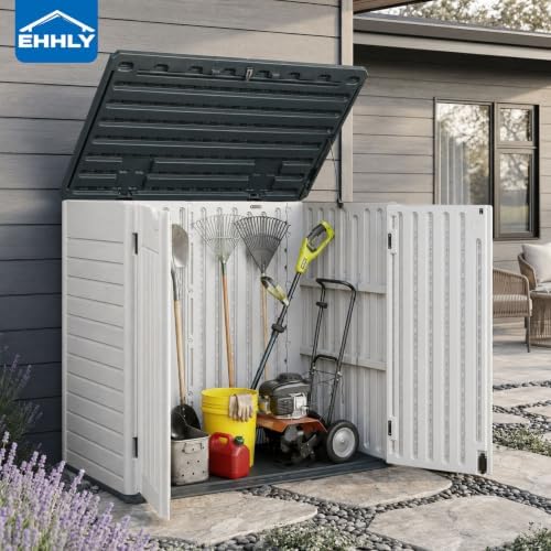 EHHLY Horizontal Resin Storage Shed, 35 Cuft Garden Tool Sheds & Outdoor Storage, Outdoor Plastic Storage Cabinet Waterproof, 4FT Tall Backyard Outside Lawn Mower Storage Shed, White