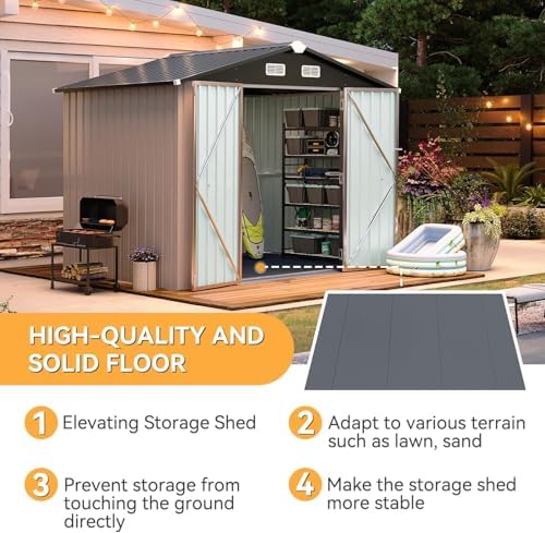 Aoxun 8'x6' Metal Storage Shed with Floor & 2 Magnetic Sensor Lights Brown