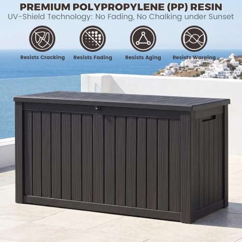 Outdoor Storage Box, 180 Gallon Waterproof Deck Box [Upgraded 3.1], Large Resin Storage with Hydraulic Gas Lifts for Cushions, Lawn Mower Tools Chest Bench, Large Backyard, Black