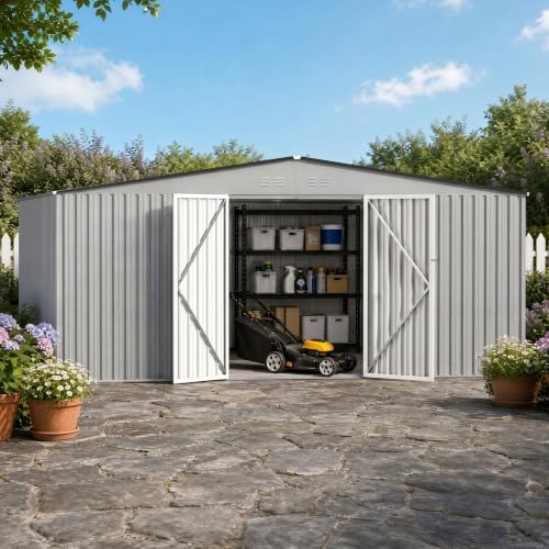 14 x 12 FT Outdoor Storage Shed, Heavy-Duty Galvanized Steel Tool Shed with Reinforced Frame, 2Magnetic Light, Lockable Double Door & Side Vents for Backyard Large Equipment, Gray