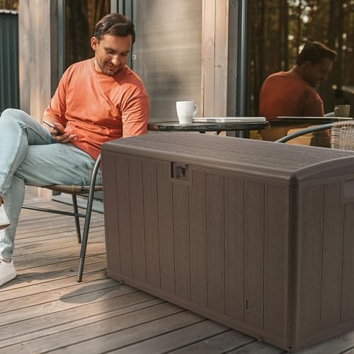 Plastic Development Group Outdoor Deck Box, Soft Close, Java, 130 Gal
