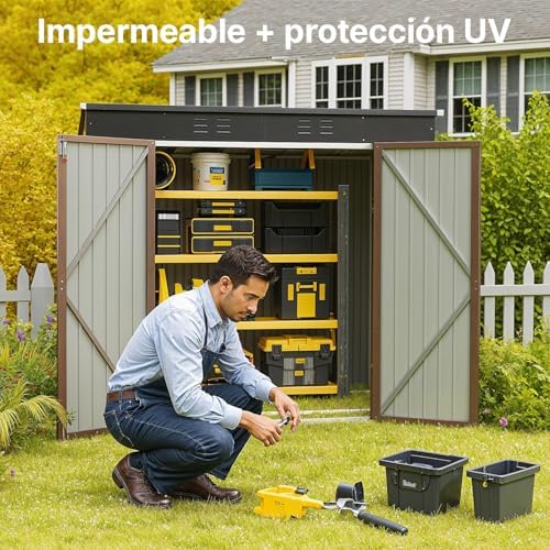 Metal Garden Shed, 2 Lockable Doors, Ventilated, for Storage of Tools and Supplies (Brown)