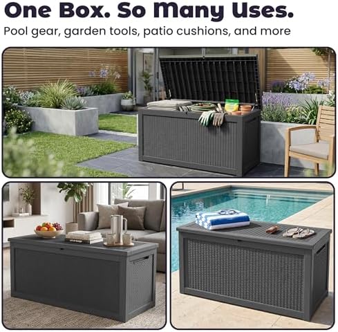 PatioZen Outdoor Storage Box Waterproof Extra Large 360 Gal Lockable, Black