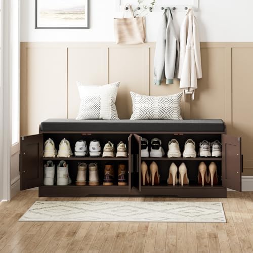 Homleke Shoe Storage Bench, 4 Doors & Thickened Padded Seat Cushion