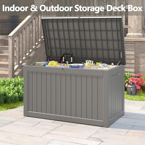 270 Gal Deck Box,Outdoor Storage Box Waterproof Lockable,Gas Lift,Grey