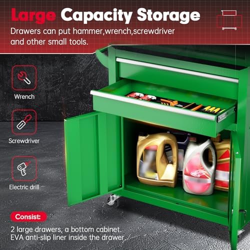 Superday Metal Tool Chest, 8 Drawer Rolling Tool Chest with Wheels, Detachable Tool Storage Cabinet with Lock for Garage, Steel Tool Cart with Liner & Hooks for Workshop, Warehouse (Green)