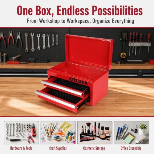 KITLUCK Mini Metal Tool Box, 2-Drawer Top Chest with Ball Bearing Slides, PVC Linerst, Durable Cold Rolled Steel Small Tool Organizer for DIY Home Office Multi-Purpose Storage,Red