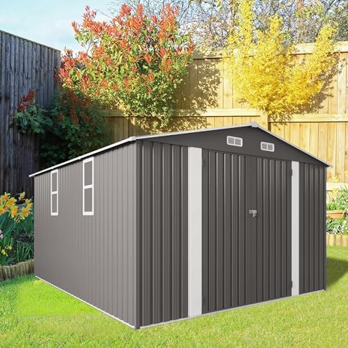 10x12 FT Outdoor Storage Shed, Large Metal Garden Shed with 2 Windows, Outside Tool Sheds with Lockable Hinged Doors, Waterproof Storage Building with 4 Air Vents for Backyard, Patio, Lawn, Gray