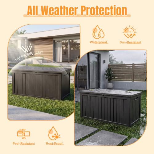 Outdoor Storage Box, 360 Gallon Waterproof Resin Deck Box with Support Rod