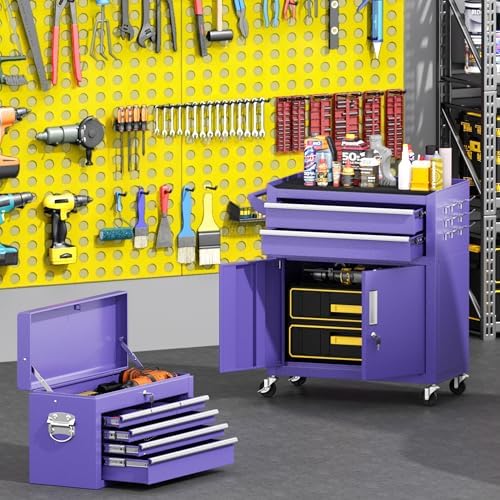 Greenvelly 8-Drawer Tool Chest with Wheels, Pre-Assembled Rolling Tool Chest, Detachable Top Tool Box, Lockable Design, Comes with Drawer Liners & Side Hooks for Garage Workshop Repair Room (Purple)