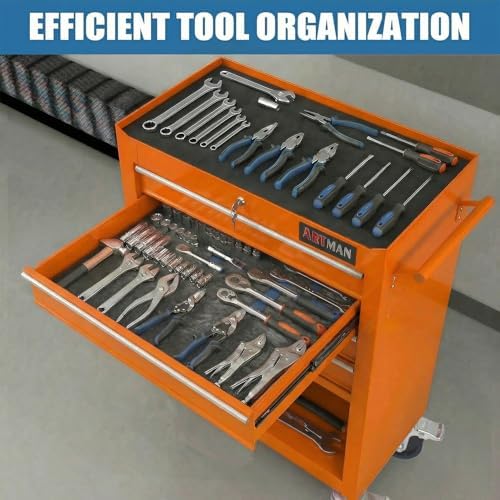 4 Drawers Tool Chest on Wheels, Multifunctional Rolling Tool Cart Tool Storage with 1 Cabinet, Drawers Rolling Tool Box Organizer for Garage, Warehouse, Workshop, Repair Shop (4 Drawers-Orange)