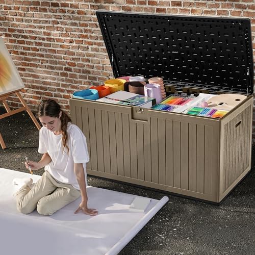 DWVO 260 Gallon Resin Outdoor Storage Box, XXL Double-Wall Waterproof Deck Box with Divider, Doubles as Table or Seating with 1000 lbs Capacity, Lockable (Black&Brown)