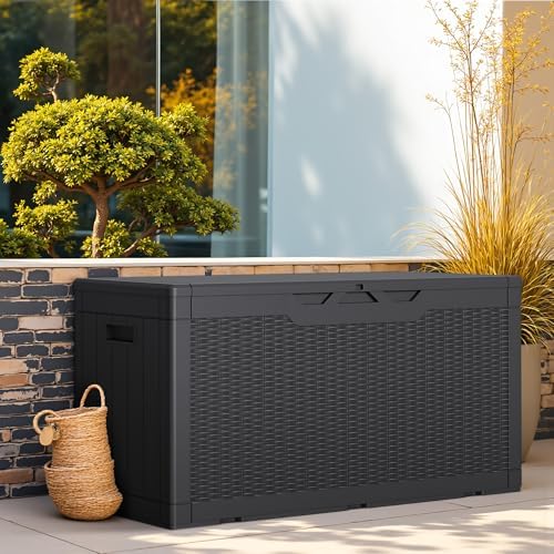 Greesum Outdoor Storage Box 100 Gallon Storage Bin with Lid for Patio Furniture, Garden Tools, Pool Supplies, Lockable, Waterproof and UV Resistant, Black